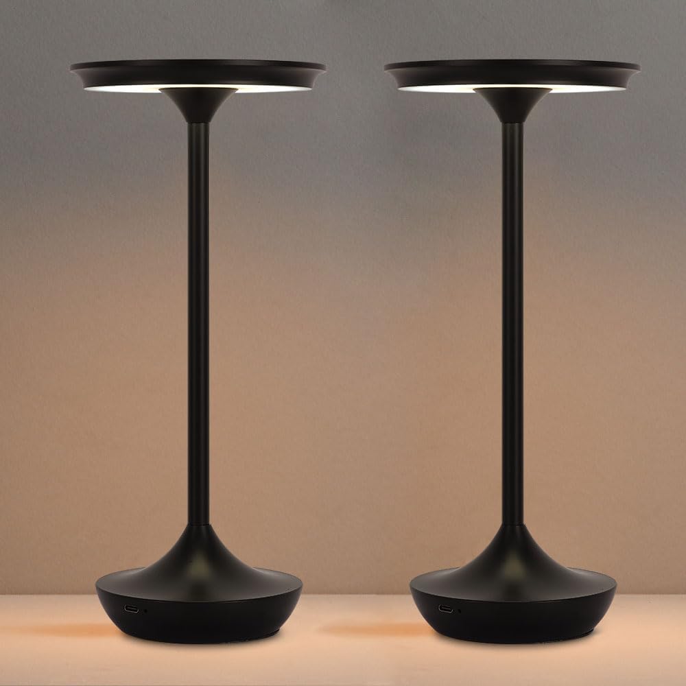 Cordless Rechargeable Table Lamps, Portable 6000mAh Battery Desk Lamp Waterproof 3 Color Stepless Dimming Black LED Table Light for Outdoor/Dinning/Patio/Restaurant (2Pack)