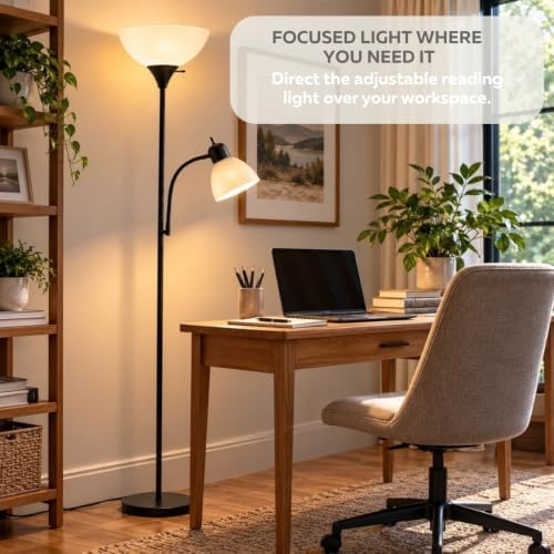 LIGHTACCENTS Floor Lamp with Side Reading Light - 72" Black Mother Daughter Standing Lamp with 3-Way Main Light and Adjustable Gooseneck Arm for Living Room, Bedroom, Office