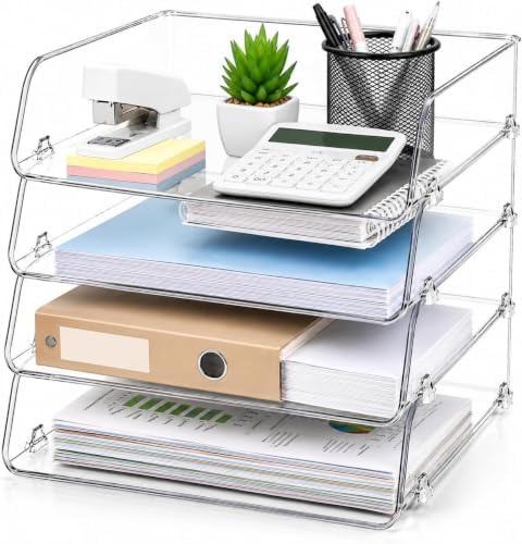 Clear Acrylic Paper Tray, 4 Tier Paper Organizer for Desk