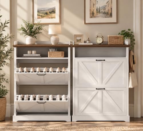 Farmhouse 31.5" Shoe Cabinet with 2 Flip Drawers & Open Storage, White