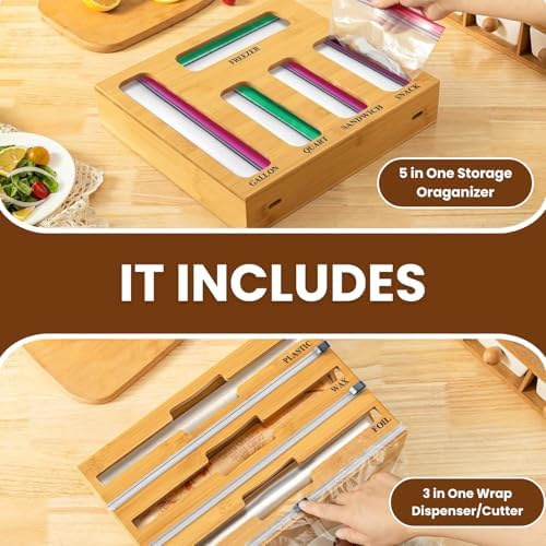 9-in-1 Bamboo Kitchen Drawer Organizer - Storage Bag Holder with Built-In Foil & Wrap Cutter Dispenser - Wooden Food Storage Bag Organizer for Gallon, Quart, Sandwich and Snack Sizes