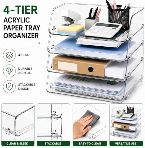 Clear Acrylic Paper Tray, 4 Tier Paper Organizer for Desk