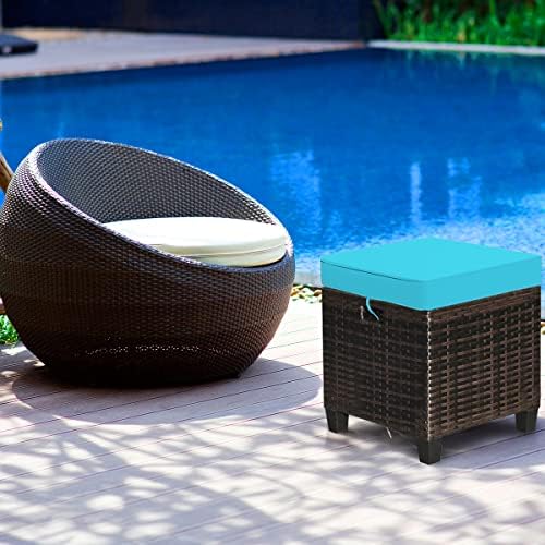 Patio Ottoman Outdoor Rattan Wicker Ottoman Seat, 2 Pieces All Weather Footstool Footrest Seat with Removable Cushions, Outdoor Ottoman Set for Patio, Porch, Poolside (Turquoise)