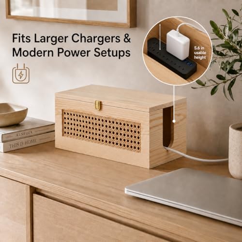 Wooden Cable Management Box - 15 x 6.5 x 6.3 in - Power Strip Organizer