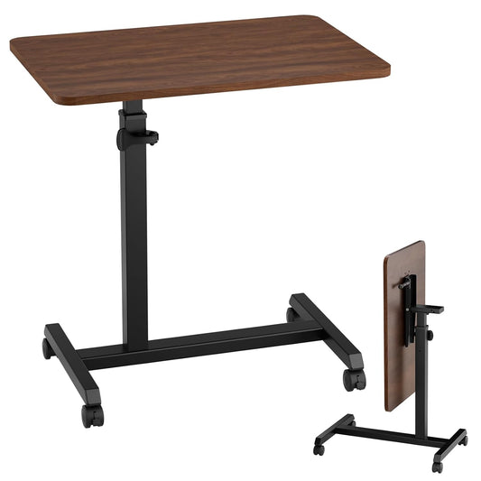 COMHOMA Adjustable Overbed Bedside Table with Lockable Wheels, Foldable Mobile Rolling Laptop Desk, Height Adjustable Standing Desk Bed Table for Hospital and Home Use, Walnut