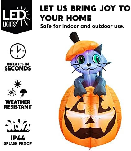 Joiedomi 5 FT Animated Pumpkin Inflatables, Outdoor Blow Up Cat On Pumpkin with LEDs for Yard, Outdoor Inflatable Halloween Decorations, Blow Up Halloween Decor for Outside