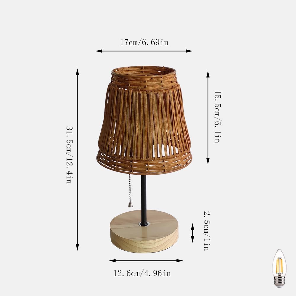 Handmade Boho Rattan Bedroom Small Table Lamp,with Brown Rattan Lamp Shade (Brown) with Pull Chain Lamp Holder,E26 Bulb Included