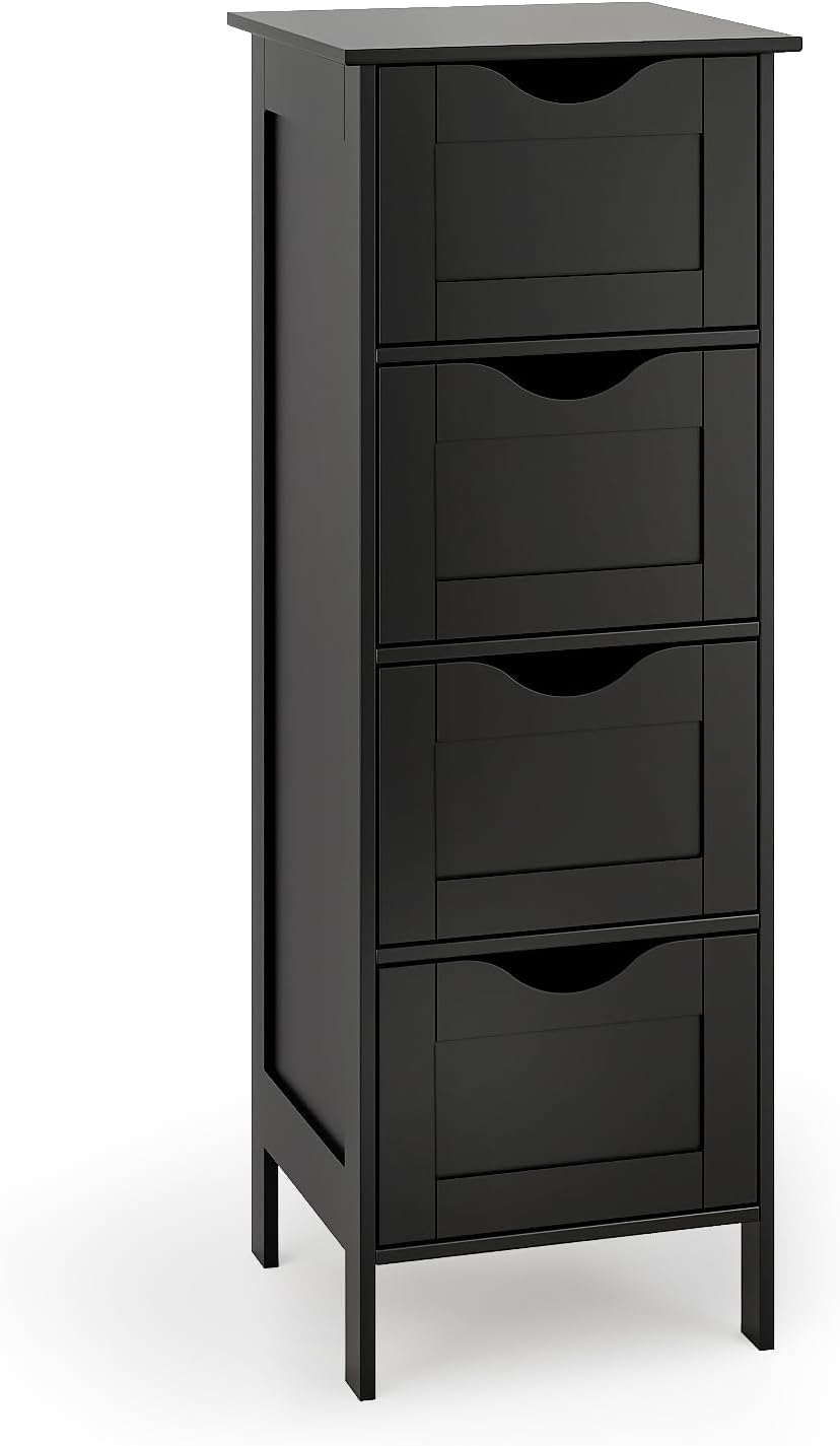 VINGLI Black Bathroom Storage Cabinet with 4 Drawers, Slim Freestanding Floor Cabinet for Small Spaces, Narrow Side Organizer Storage Unit for Restroom, Living Room & Kitchen, Farmhouse Style