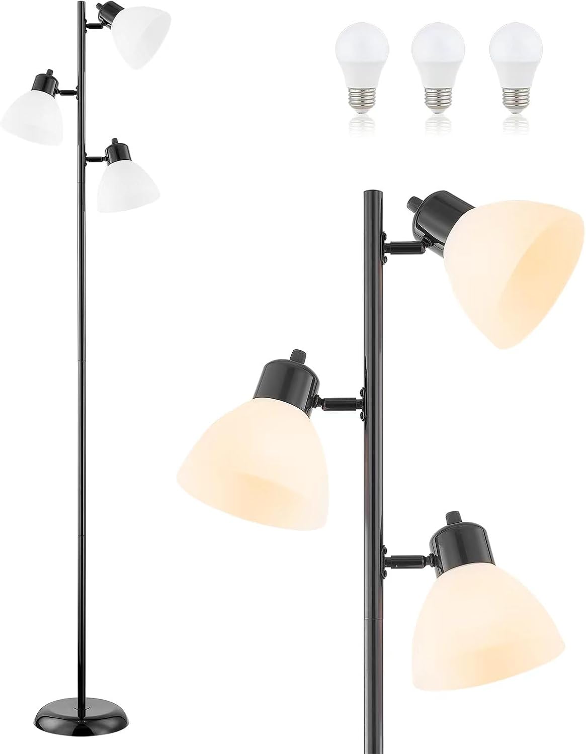 Modern Tree Floor Lamp for Living Room Bedroom, Tall Pole Standing Lamps with 3 Adjustable Rotating Heads for Office, Decor Corner, Reading Indoor, 3 Bright Lights LED Bulbs Included (Black)