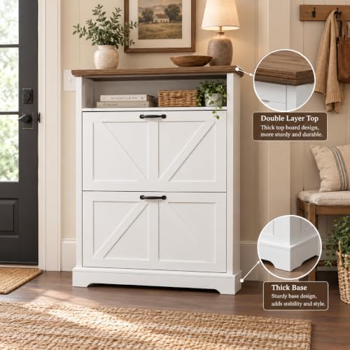 Farmhouse 31.5" Shoe Cabinet with 2 Flip Drawers & Open Storage, White