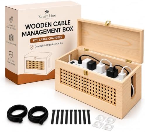 Wooden Cable Management Box - 15 x 6.5 x 6.3 in - Power Strip Organizer