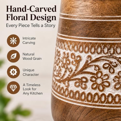 Mie Creations Farmhouse 7'' Large Wooden Utensil Holder, White Floral