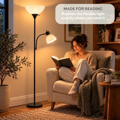 LIGHTACCENTS Floor Lamp with Side Reading Light - 72" Black Mother Daughter Standing Lamp with 3-Way Main Light and Adjustable Gooseneck Arm for Living Room, Bedroom, Office