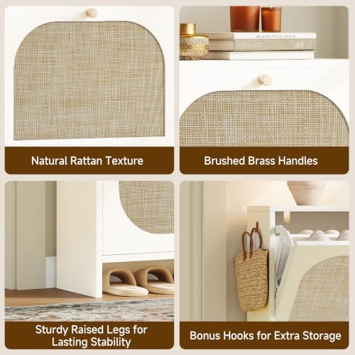 Nicetree Freestanding Ultra Slim Arched Rattan Accent Shoe Storage Cabinet for Entryway - 4 Flip Drawers & 3-Tier Adjustable Shelves, Farmhouse Modern Rustic Shoe Rack for Hallway Foyer,Cloud White