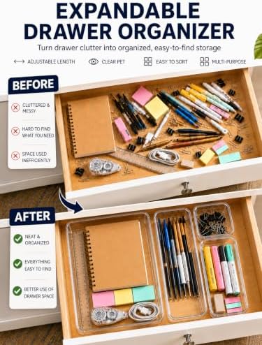 20 PCS Adjustable Expandable Clear Plastic Drawer Organizers 3-Size Set