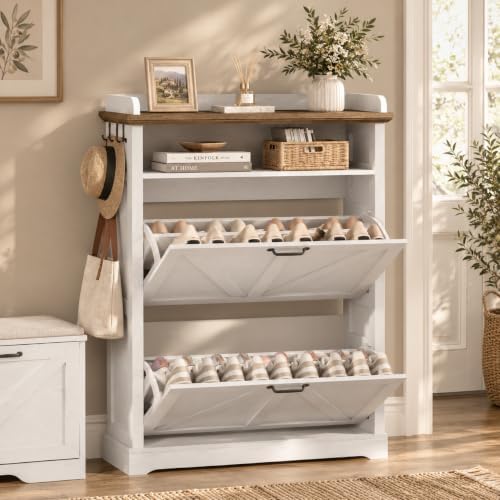 Farmhouse 31.5" Shoe Cabinet with 2 Flip Drawers & Open Storage, White
