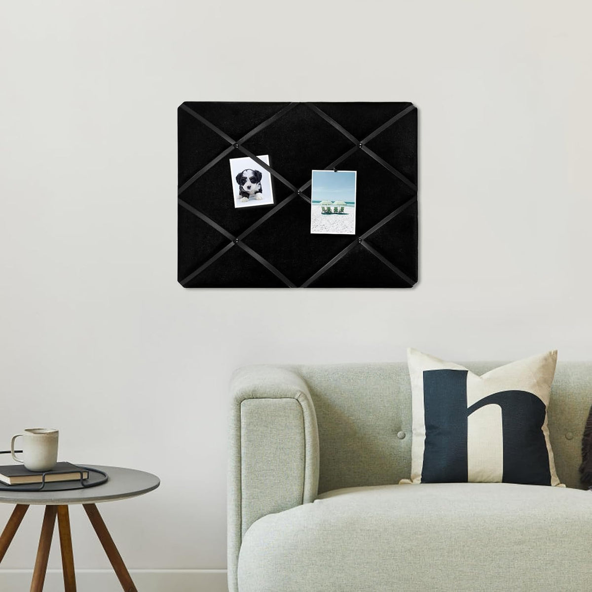 Black Fabric Memo Bulletin Board, 23.6x17.7 inches Velvet Pin Board for Wall, Vision Board Message Board Cork Board with Criss-Cross Ribbons for Home Office School Wall Decor(BK Velvet,4560)