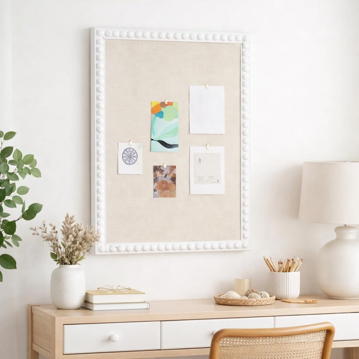 Linen Cork Bulletin Board with White Wood Frame and Beaded 24 x 18 in Decorative Picture Pin Boards Boho Cute Vision Board for Home Office Study Bedroom and Dorm Wall Farmhouse Decor