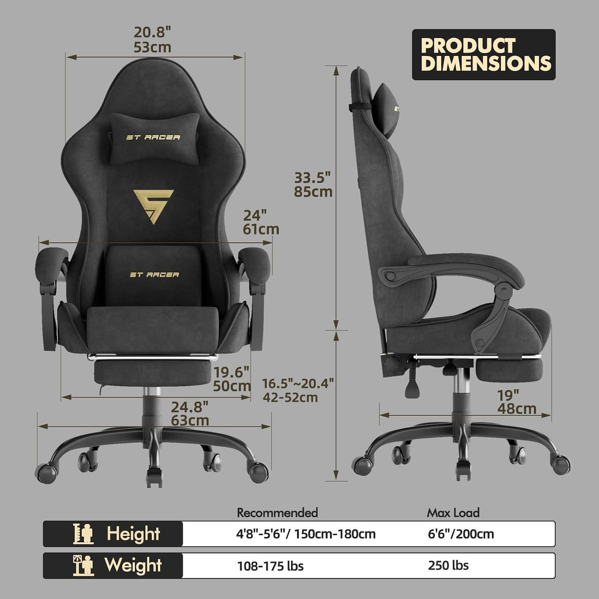 Gaming Chair Racing for Adult, Office Chair with Footrest Massage Lumbar Cushion, Velvet Fabric Reclining Video Game Chairs, Ergonomic Computer Chairs Height Adjustable, for Home Streaming, Black