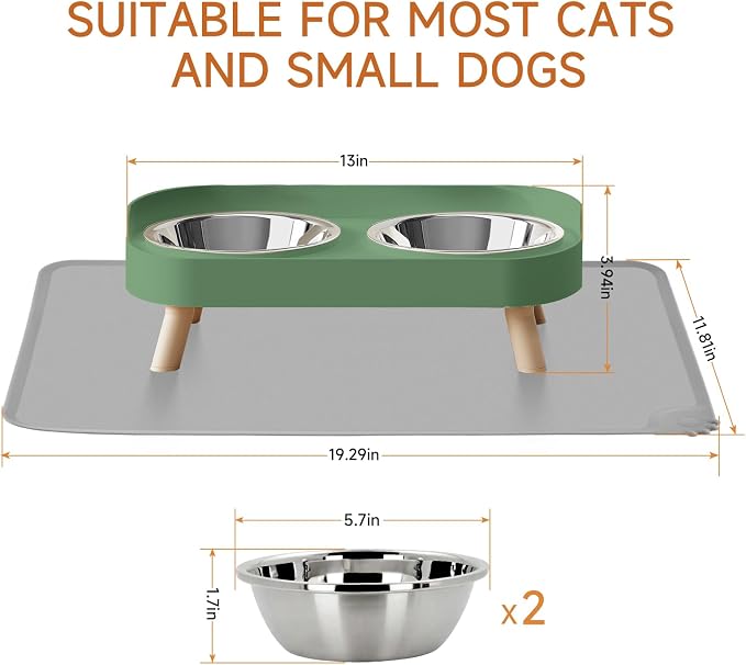Elevated Cat Bowl with Food Mat, Raised Cat Food and Water Bowl Set