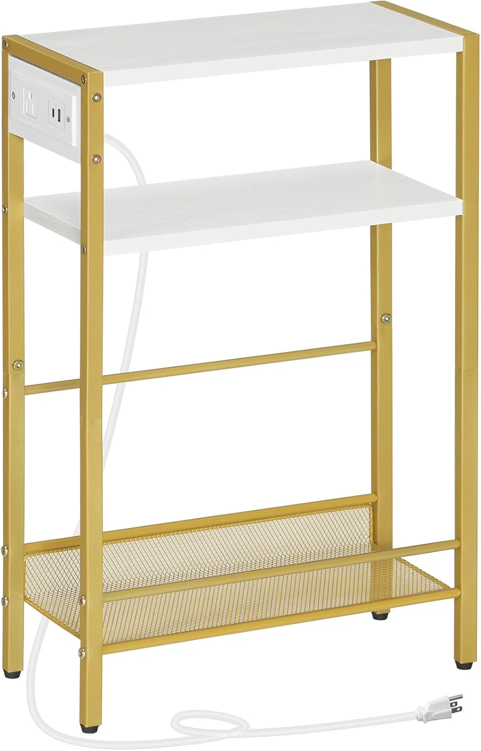 HOOBRO Small Narrow Side Table with Charging Station, Skinny End Table for Small Spaces, Slim Nightstand with USB Ports Outlet, Sofa Beside Table with Storage Shelf, White and Gold DW102UBZ01