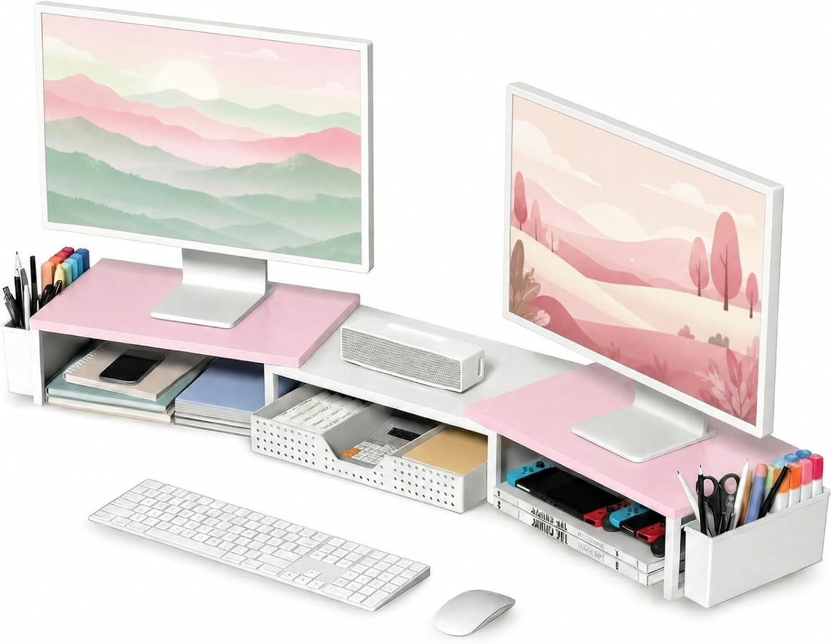 OPNICE Desk Organizers and Accessories, Dual Monitor Stand Riser with Drawer and 2 Pen Holders, Desk Shelf Printer Stand for Office Workspace Organizers, Desktop Organization (Pink-White)