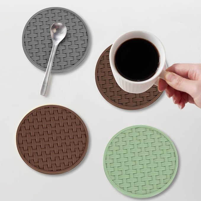 Brown Silicone Coaster with Holder Set of 6, 4 Inch Non-Slip Cup Mats | Round