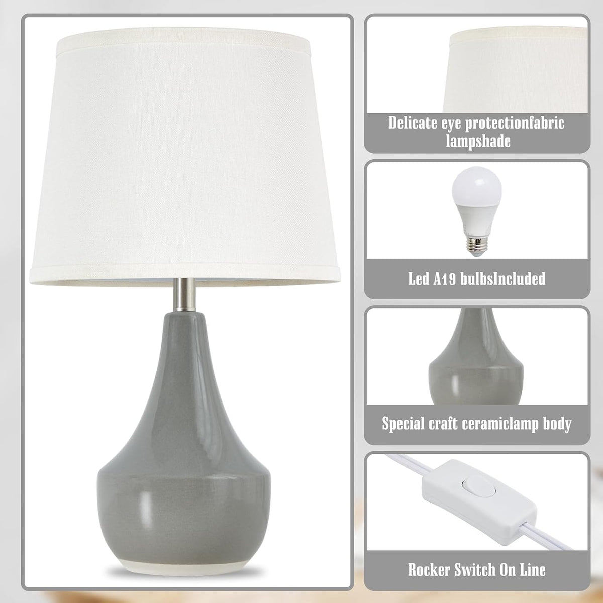 GyroVu 18" Table Lamp Set of 2, Ceramic Table Lamp Classic Beside Lamps Nightstand Lamp Modern Lamp for Living Room, Bedroom & Office Rocker Switch Grey-LED Bulbs Included
