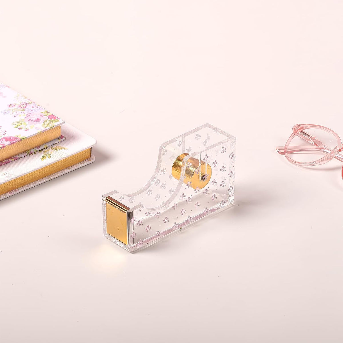 Laura Ashley English Garden Tape Dispenser – 5” Floral Acrylic & Gold Desktop Tape Holder – Stylish Aesthetic Office Supply for Home & Work – Heavy-Duty Cutter with Gift-Ready Packaging