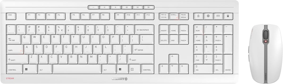 CHERRY Stream Desktop, Wireless Keyboard & Mouse Combo, 2.4 GHz Connection, Quiet Keys, Slim Design, Comfortable Writing, Battery-Powered, QWERTY, White-Gray