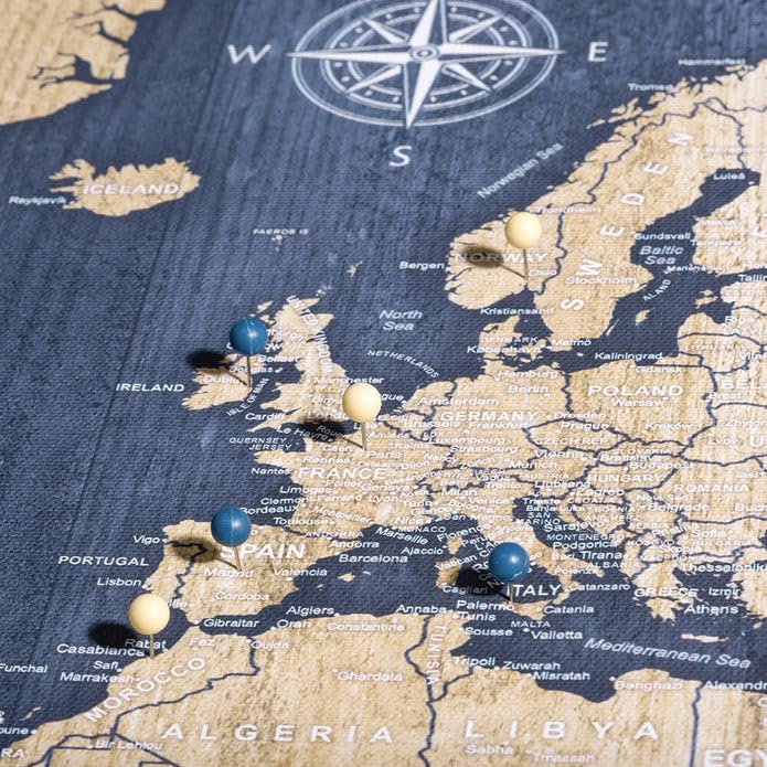 Conquest Maps World Travel Map with Pins Deep-Sea Drift Style Push Pin Travel Map Cork Board, Track Your Travels w/a Handmade Unique Canvas Pinable Map (24" x 16")