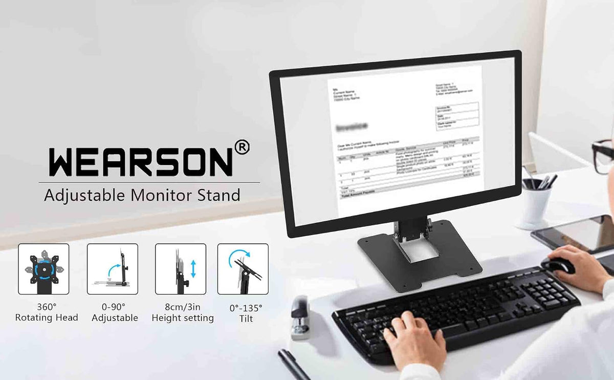 WEARSON Folding Monitor Stand - Height Adjustable Vesa Monitor Stand, Tilt, Rotation Free Standing Low Profile Desk Mount for Single Monitor up to 28 inch Screens Upgrade WS-03T