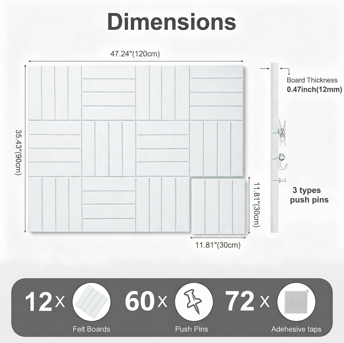 0.47" Thick Felt Wall Tiles 48"x36" Cork Board Alternative 12 Pack 11.81"x11.81"Felt Bulletin Board Pin Board with Removable Adhesive Tape&60 Pushpins for Home Office School(Bold-White)