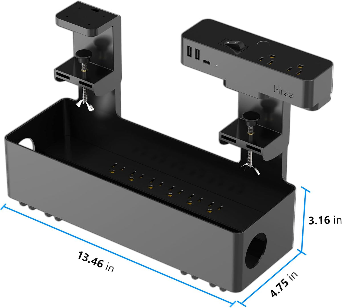 Hiree Under Desk Cable Management Tray with Power Strip, 8 AC Outlets, 2 USB Ports & 1 USB-C Port, Clamp Mount Desk Cable Organizer, No Drill Cord Management Tray for Standing Desk, Home Office（Black）