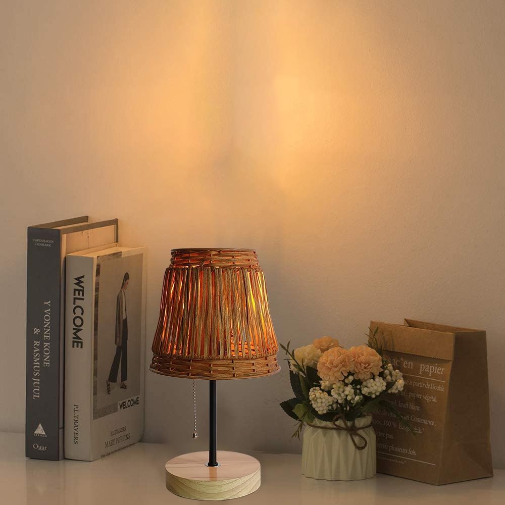 Handmade Boho Rattan Bedroom Small Table Lamp,with Brown Rattan Lamp Shade (Brown) with Pull Chain Lamp Holder,E26 Bulb Included