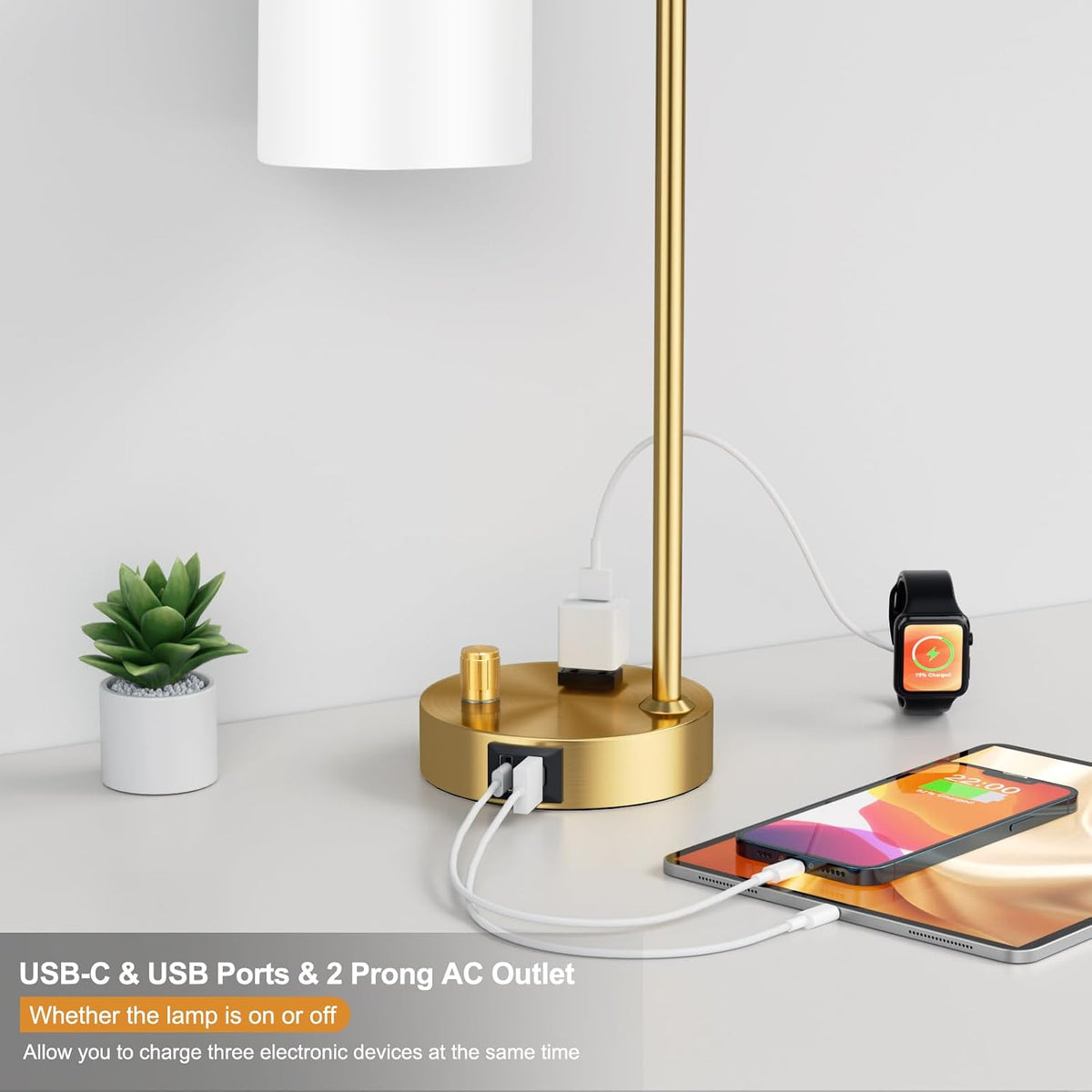 Innqoo Gold Lamp for Bedroom - Industrial Bedside Table Lamp with USB Port and Outlet, Fully Dimmable Nightstand Lamp with Opal Glass Shade, Small Desk Lamps for Home Office