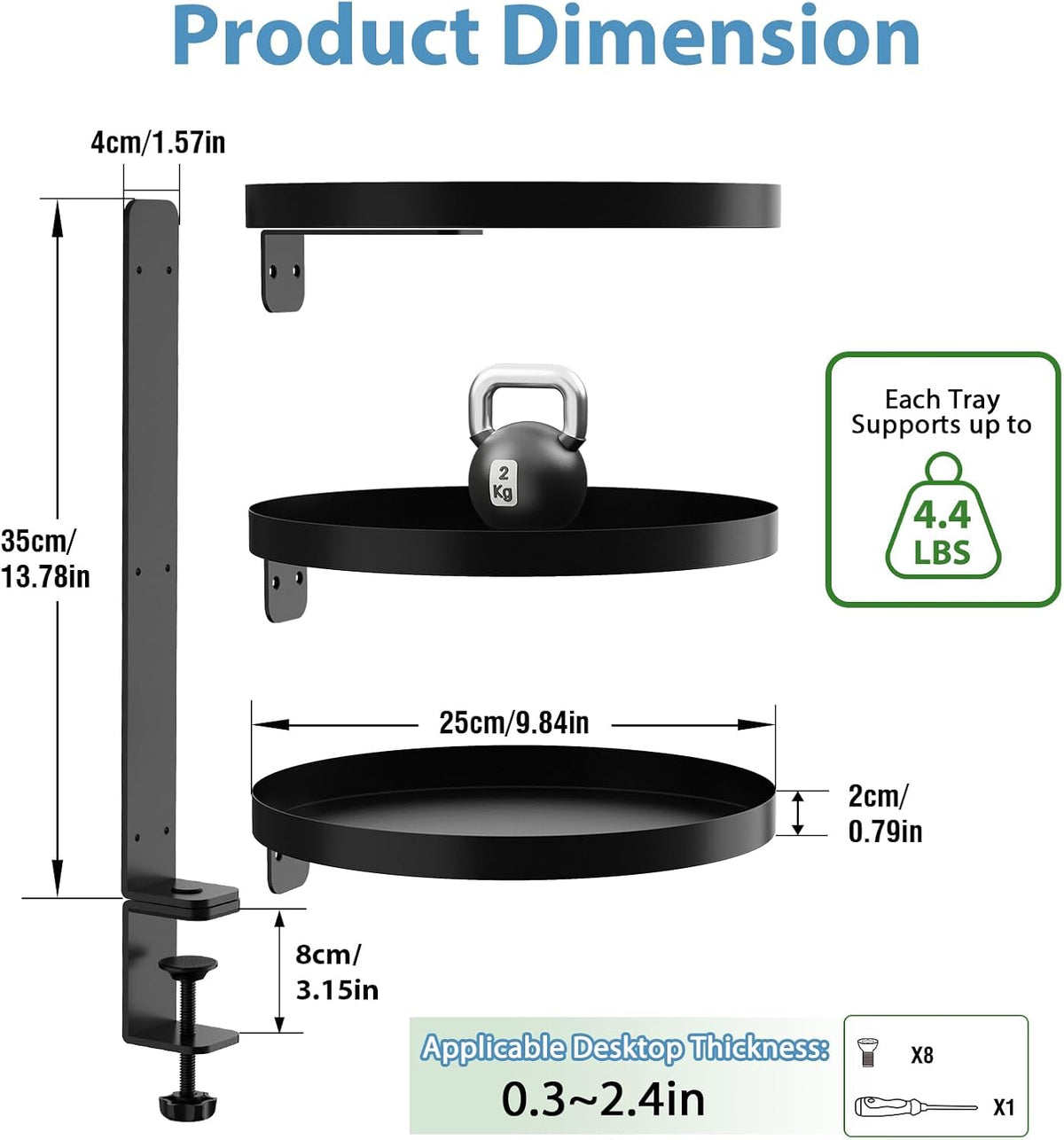 Swivel Clamp On Desk Shelf with 9.8in Adjustable Metal Storage Tray Above or Under Desk Storage 3-Tier Desk Extension Shelving Unit No Drilling Desktop Shelves for Max Desktop Thickness 2.4in