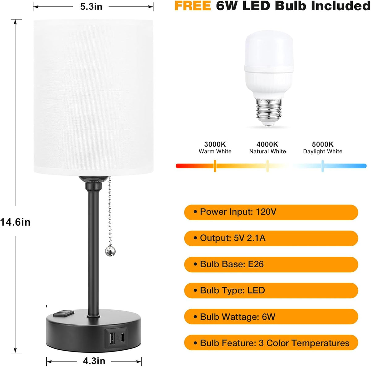 Bedside Table Lamp for Bedroom Set of 2, Small Desk Lamp with USB Ports