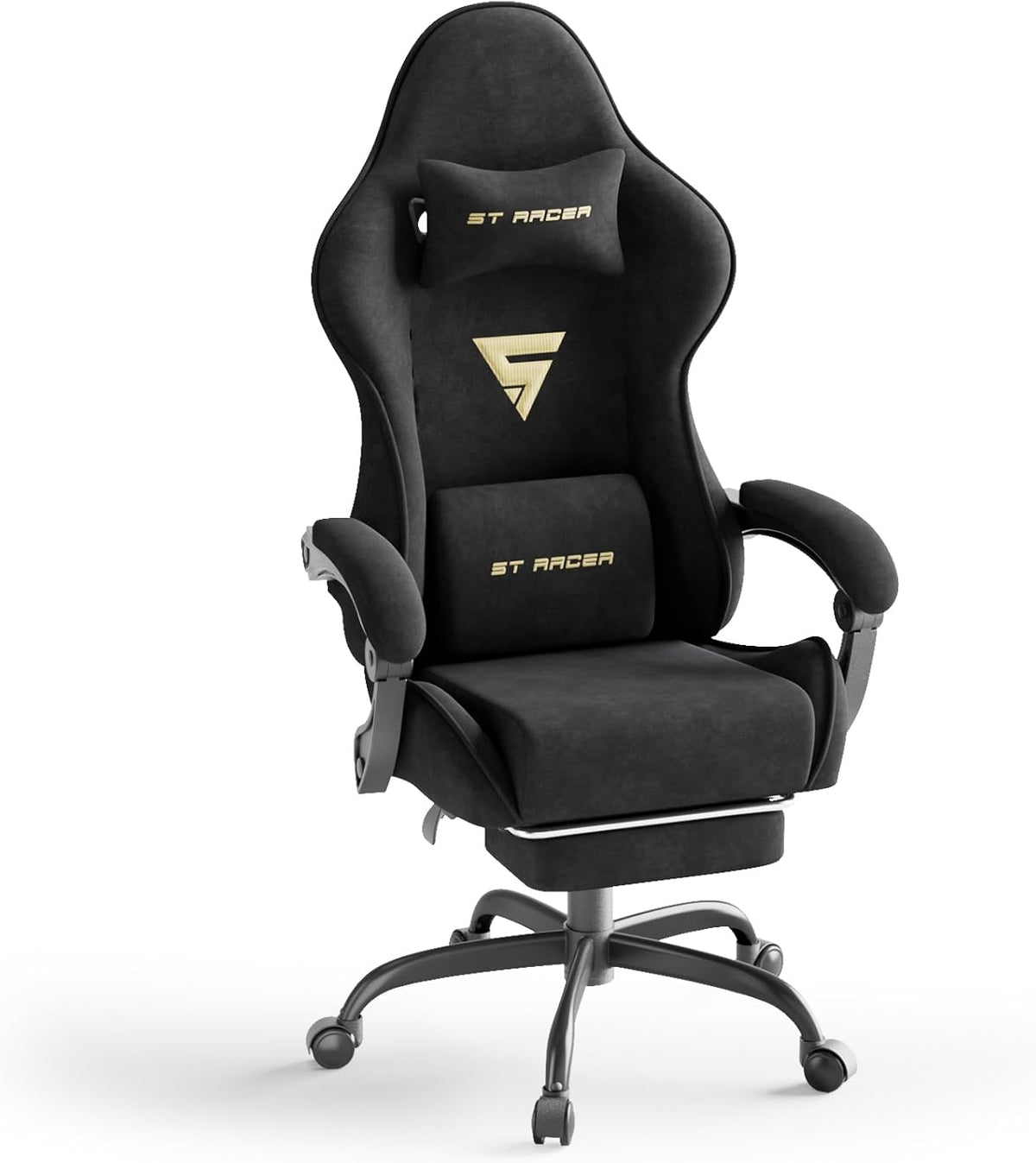 Gaming Chair Racing for Adult, Office Chair with Footrest Massage Lumbar Cushion, Velvet Fabric Reclining Video Game Chairs, Ergonomic Computer Chairs Height Adjustable, for Home Streaming, Black