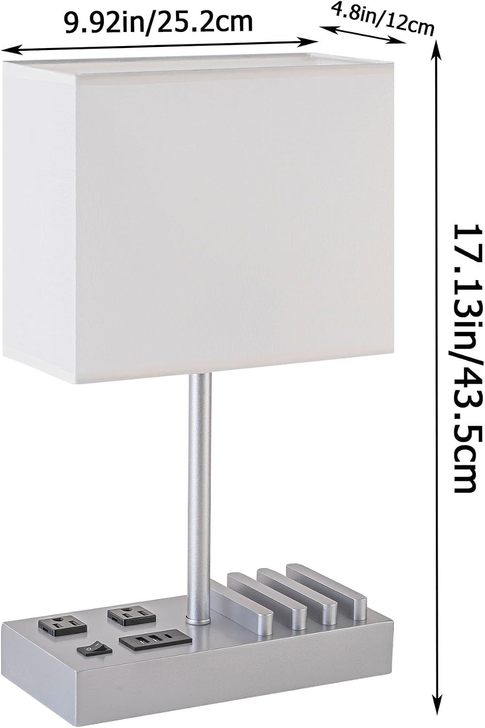Briever USB Table Lamp, Multi-Functional Desk Lamp with 2 AC Outlets, Bedside Lamp with 3 USB Charging Ports and Wooden Phone Stands, Nightstand Lamp for Bedroom, Livingroom, Office, Silver Woodgrain