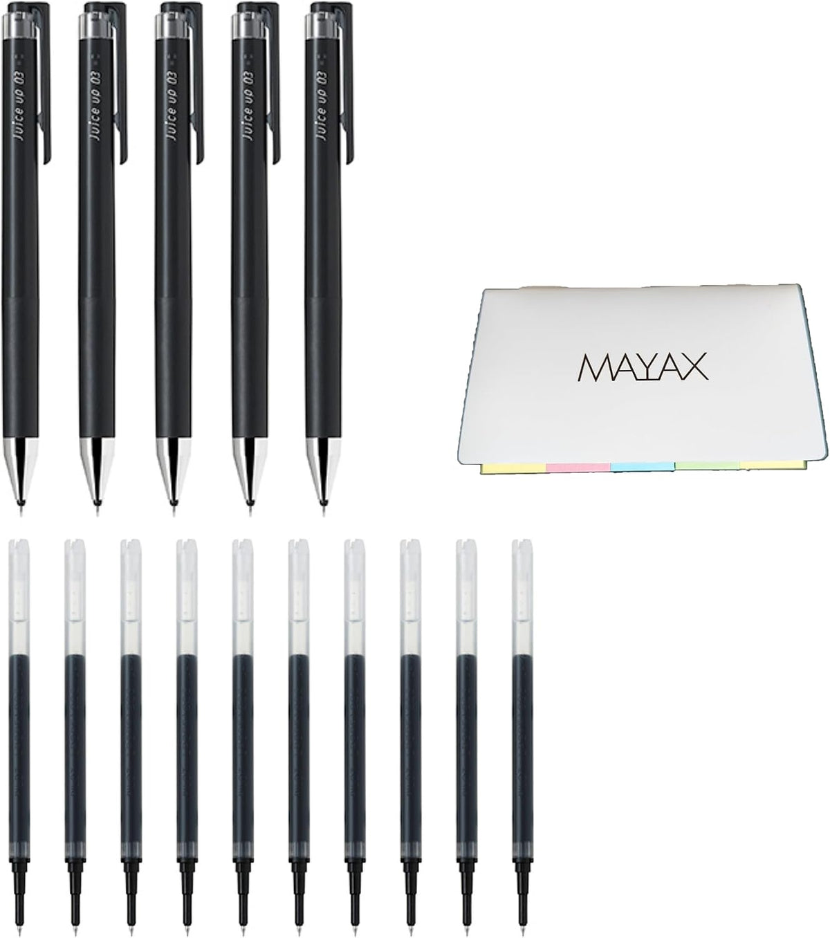 MAYAX Pilot juice up 05 Retractable Gel Ink Pen Ultra Fine Point, Black Ink, 5 Pens & 10 Refills, Original Sticky Notes (0.5mm, Millimeters)