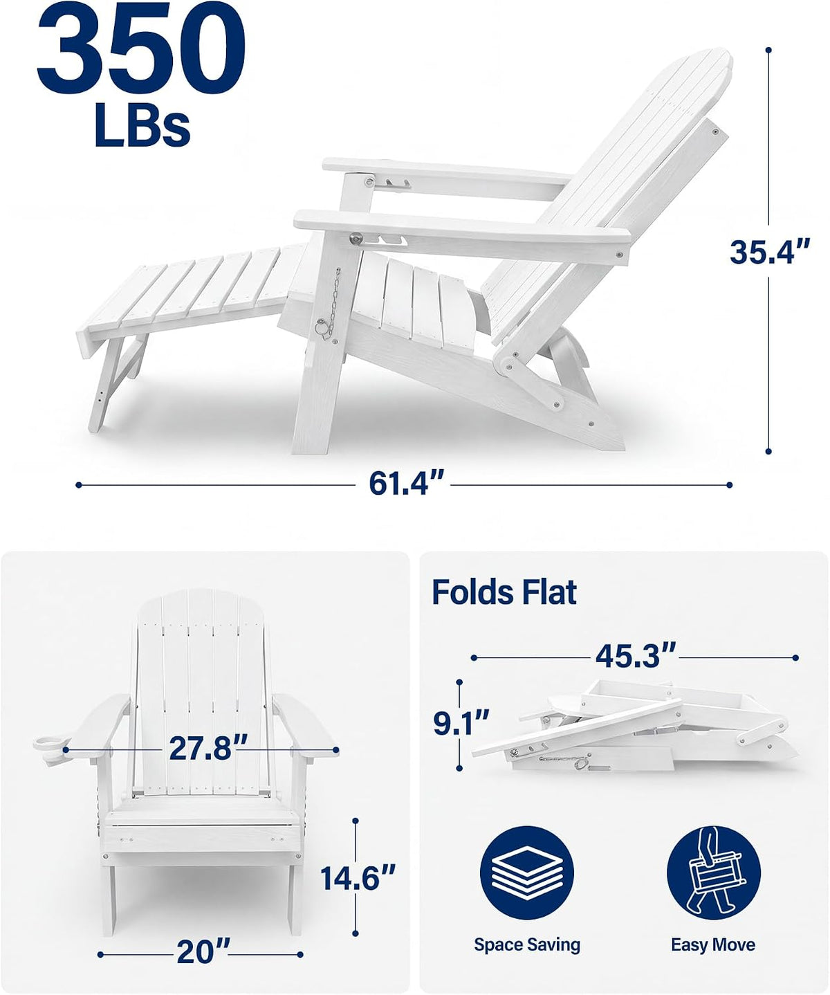 YEFU Adirondack Chairs with Footrest, HDPE Adirondack Chair, White