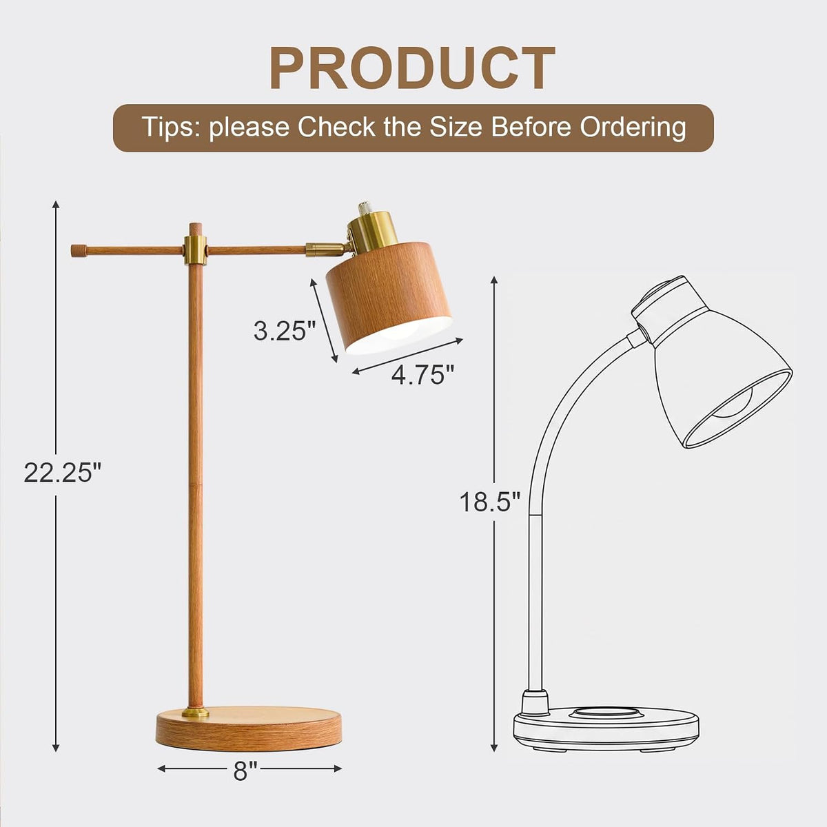 OYEARS 22.2" Mid Century Desk Lamp, Modern Metal Table Lamp with LED Bulb, Adjustable Reading Lamps, Industrial Task Lamp for Home Office, Farmhouse Bedside Lamps with Solid Base, Woodgrain
