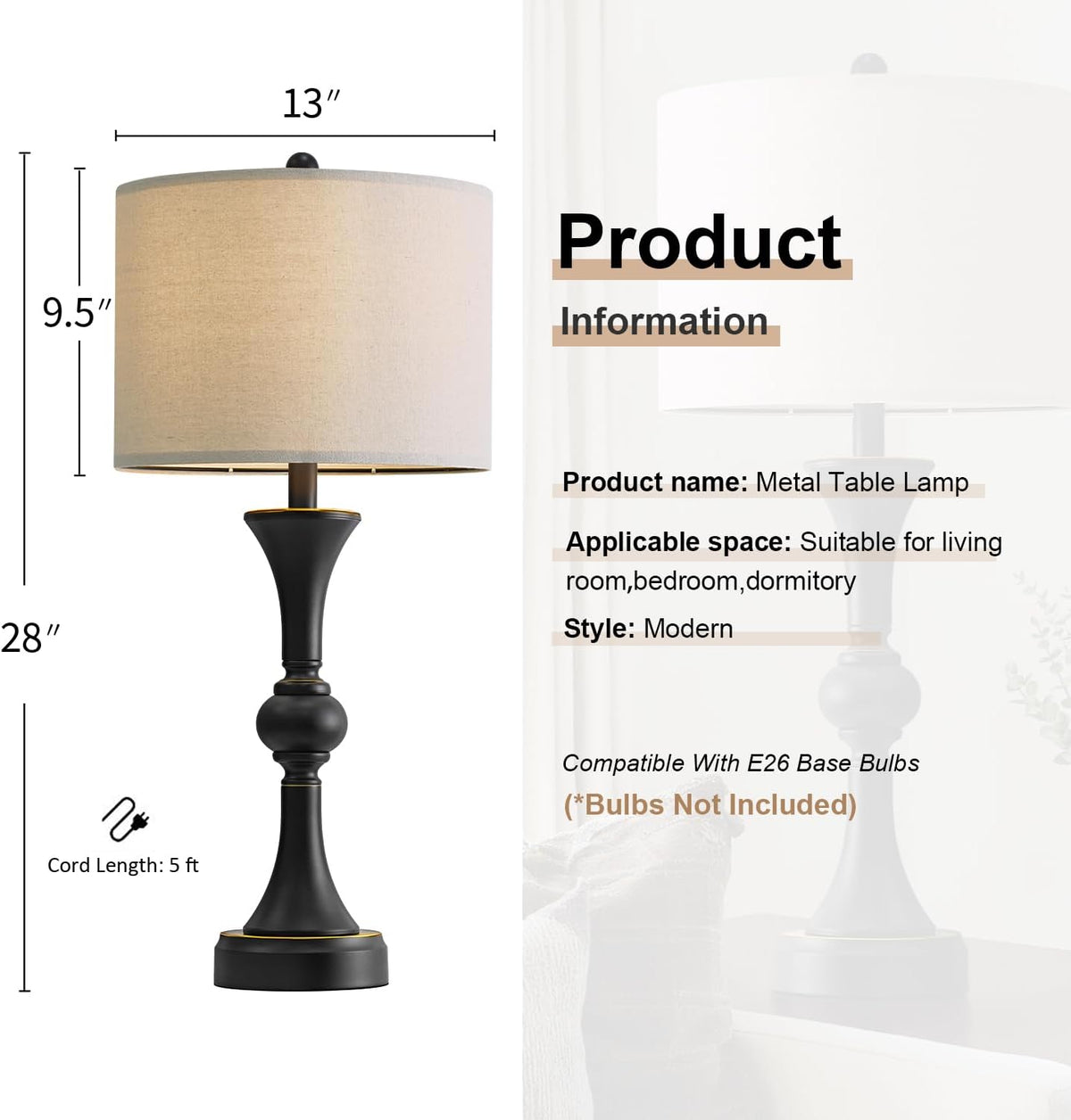 Oneach 28" Black Tall Table Lamps Set of 2 for Living Room, USB Ports
