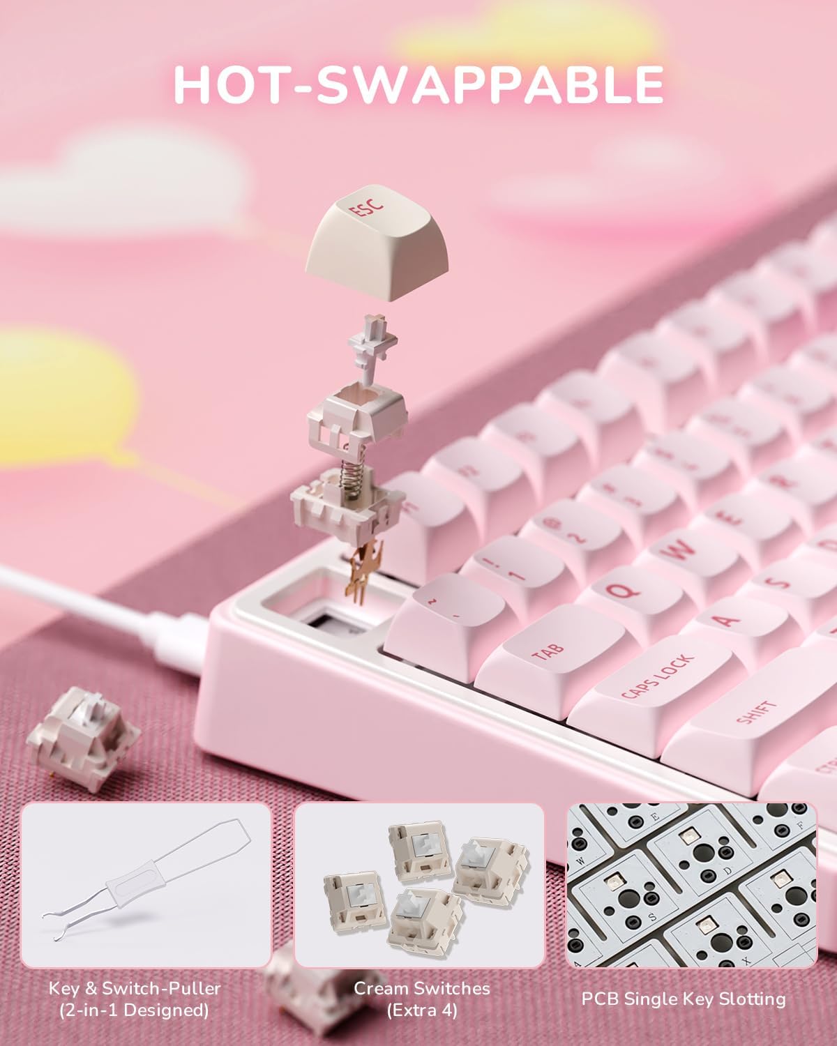 RK ROYAL KLUDGE R75 Mechanical Keyboard Wired with Volume Knob, 75% Keyboard Gasket Mounted, Hot Swappable, Creamy Sound, MDA Profile, PBT Keycaps, Pink