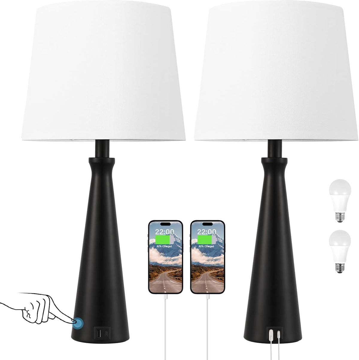 Modern Touch Lamps for Nightstand, 3 Way Dimmable Bedroom Lamp Set of 2