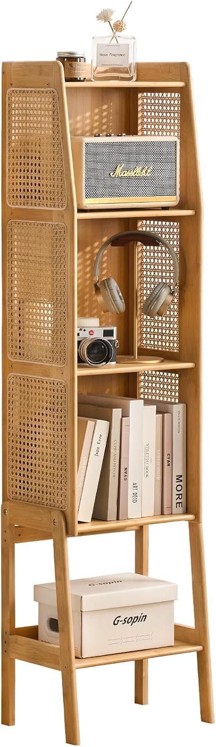 Welnow Bamboo Rattan Bookcase with Cabinet，4-Tier Wicker Bookshelf,Natural
