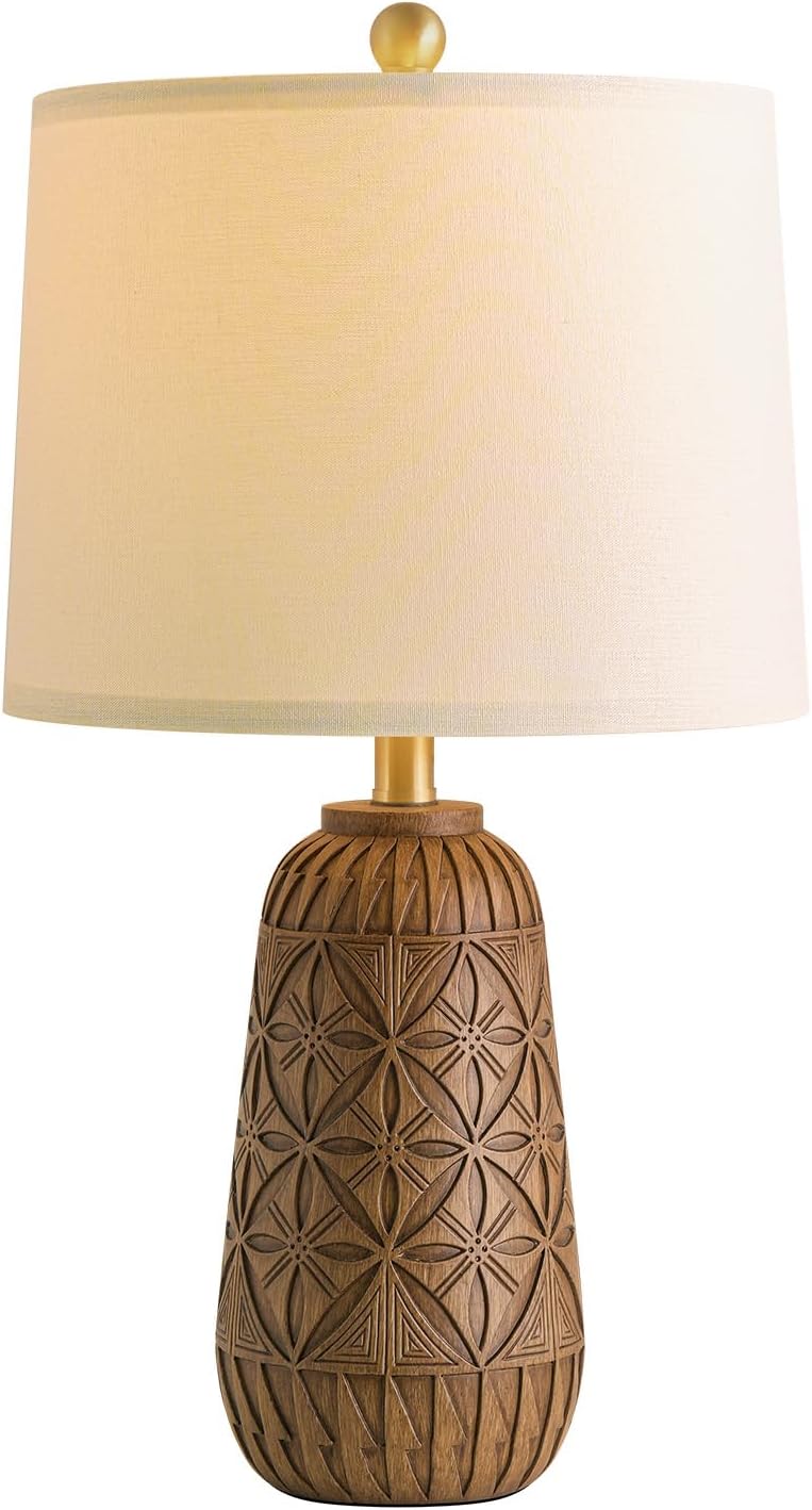 BOBOMOMO 24" Modern Farmhouse Table Lamp, Geometric Hand-Carved Resin Bedside Lamp with Wood Grain Finish, Rustic Nightstand Lamp for Bedroom & Living Room, Cottage Decor, Rotary Switch