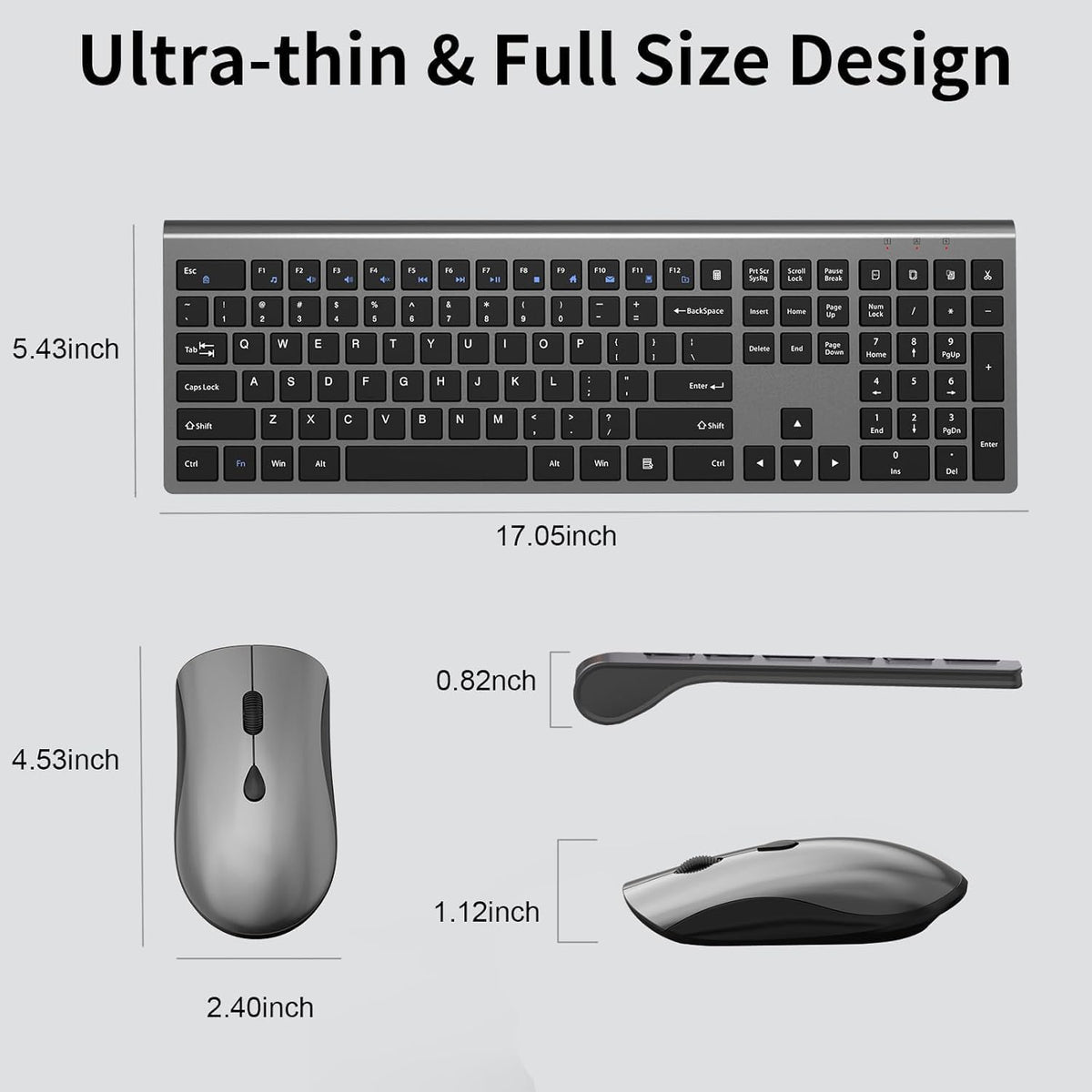 Slim Silent Full Size Wireless Keyboard Mouse Combo Grey2 Pack