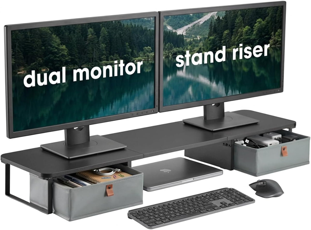 DuoStand Plus - 39” Dual Monitor Riser for Desk with 2 Drawers - Wood & Steel Double Monitor Stand with Storage - Desk Organizer Shelf for Desktop Computer, Laptop, TV & Printer (Matte Black)